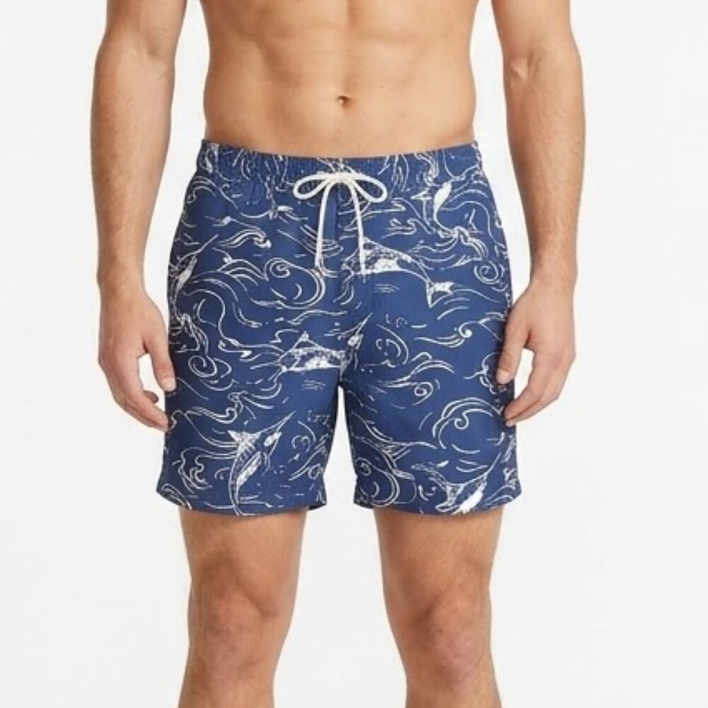 Nautica Men's Marlin Wave Print Swim Trunks Navy White Quick Dry Mesh Liner L